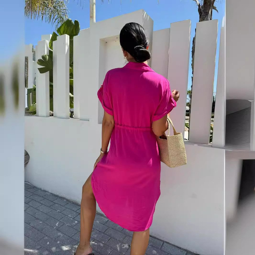 Women's midi dress with waist pull and short sleeves Ivyshape