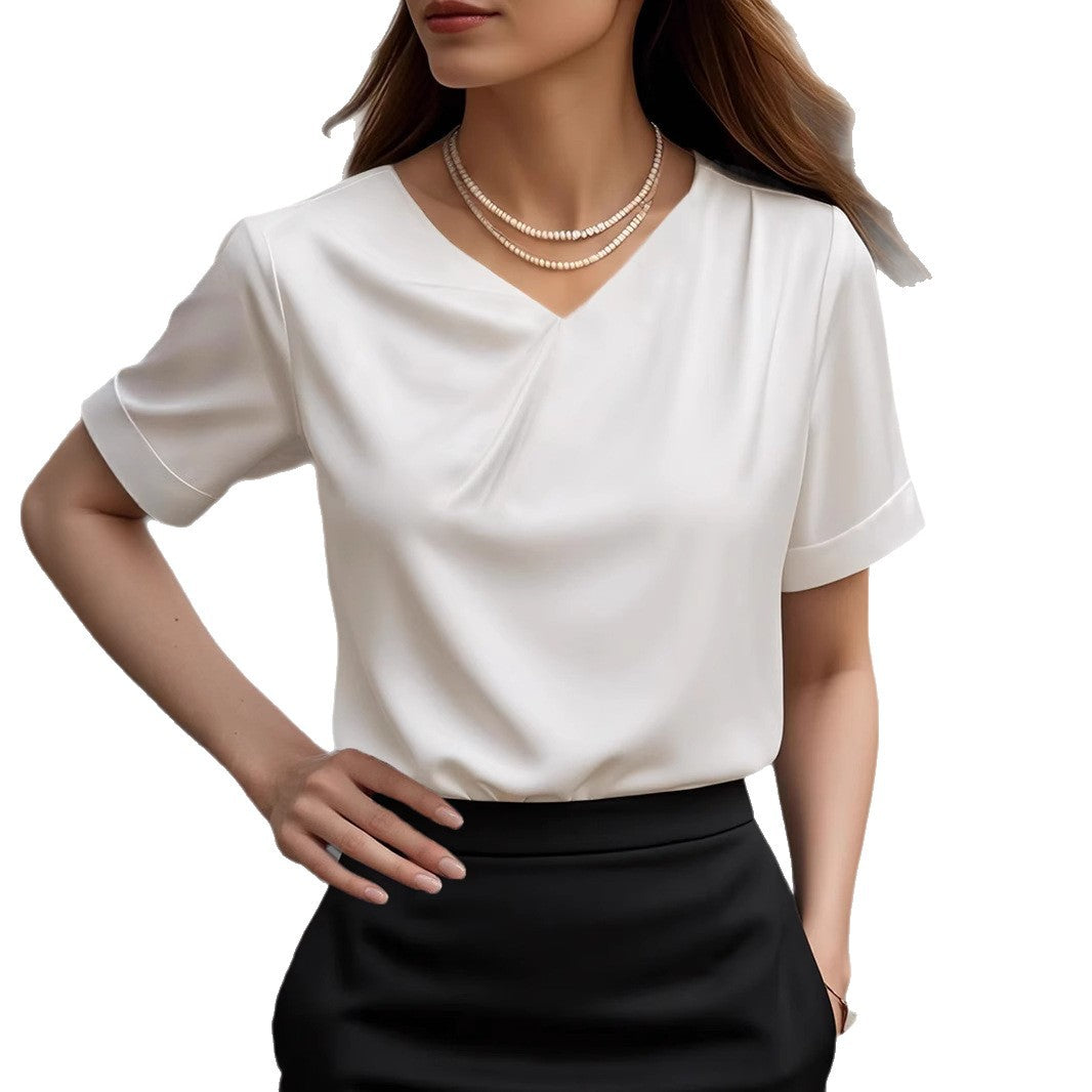 Women Elegant V-Neck Blouse Shirt with Short Sleeve Design Ivyshape