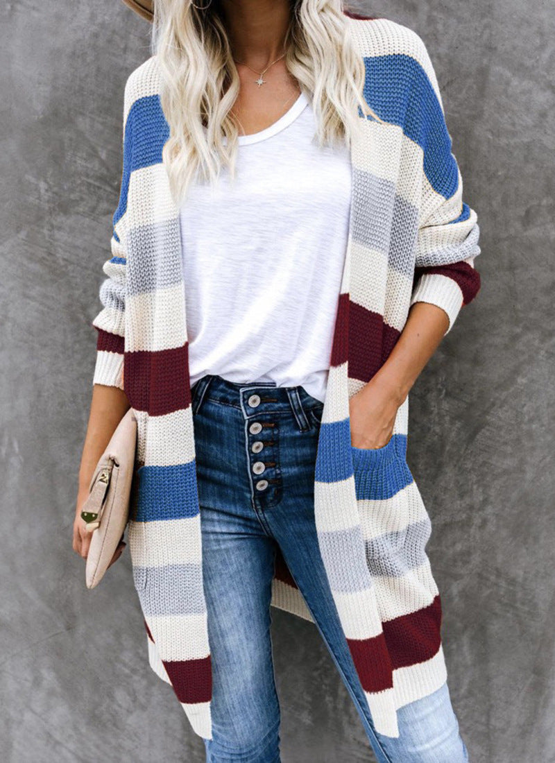 Women's casual cardigan with fashionable striped pattern and practical pockets Ivyshape