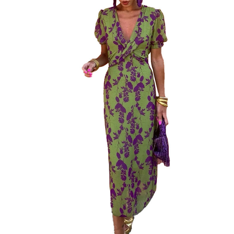 IvyShape | Printed Slim Fit V-Neck Short Sleeve Maxi Dress