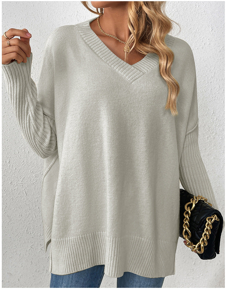 IvyShape | V-Neck Split Long Sleeve Knit Sweater