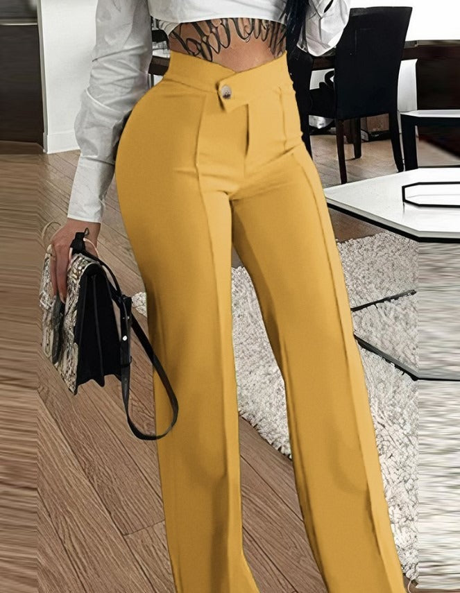 Women Elegant Wide Trousers with High-Waist Cut and Decorative Button Ivyshape