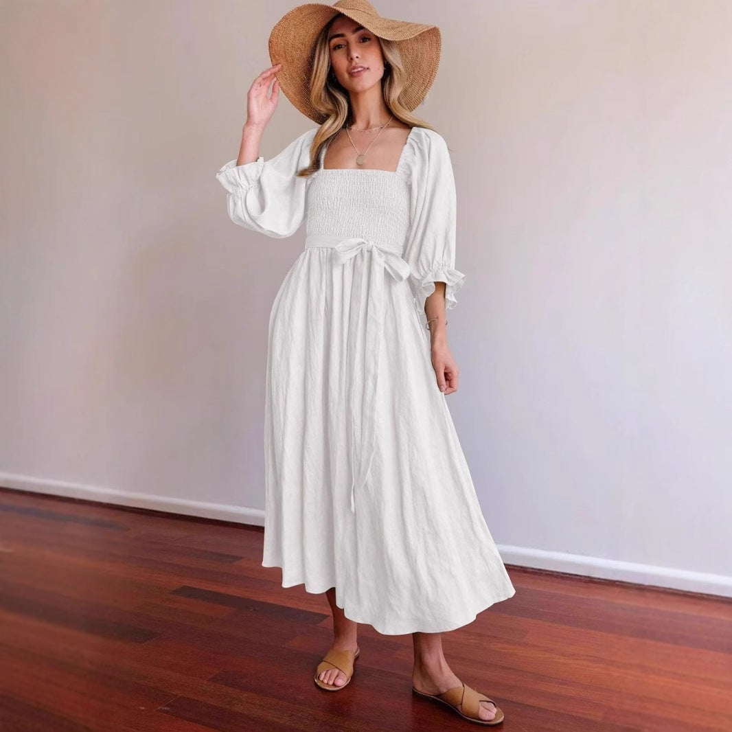 Women elegant, tailored maxi dress with puff sleeves and tie belt Ivyshape