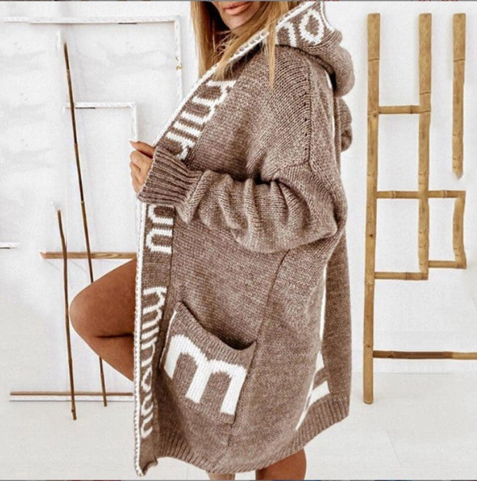 IvyShape | Trendy Mid-Length Letter Hooded Knit Coat