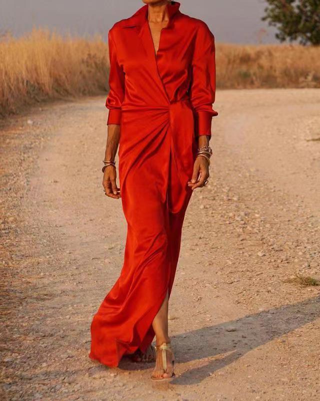 Ladies Elegant Wrap Maxi Dress with Feminine Cut and Side Slit Ivyshape