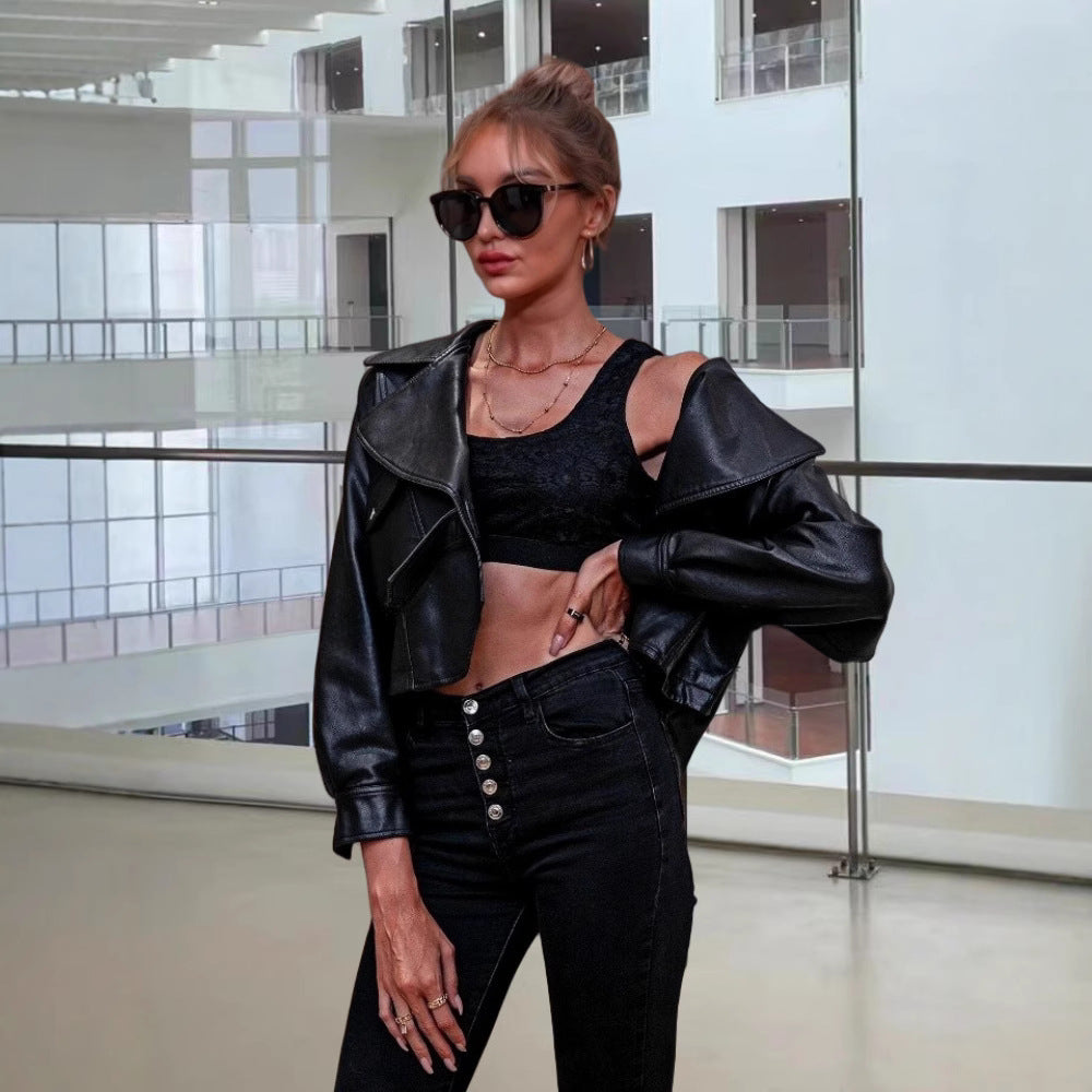 Women Faux Leather Jacket with Casual Oversized Cut and Fashionable Details Ivyshape