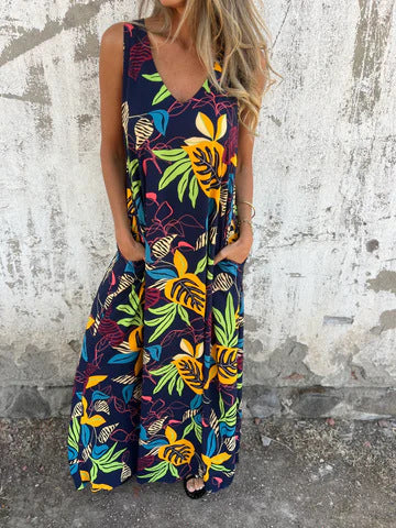 Women's summer maxi dress with colorful tropical pattern Ivyshape