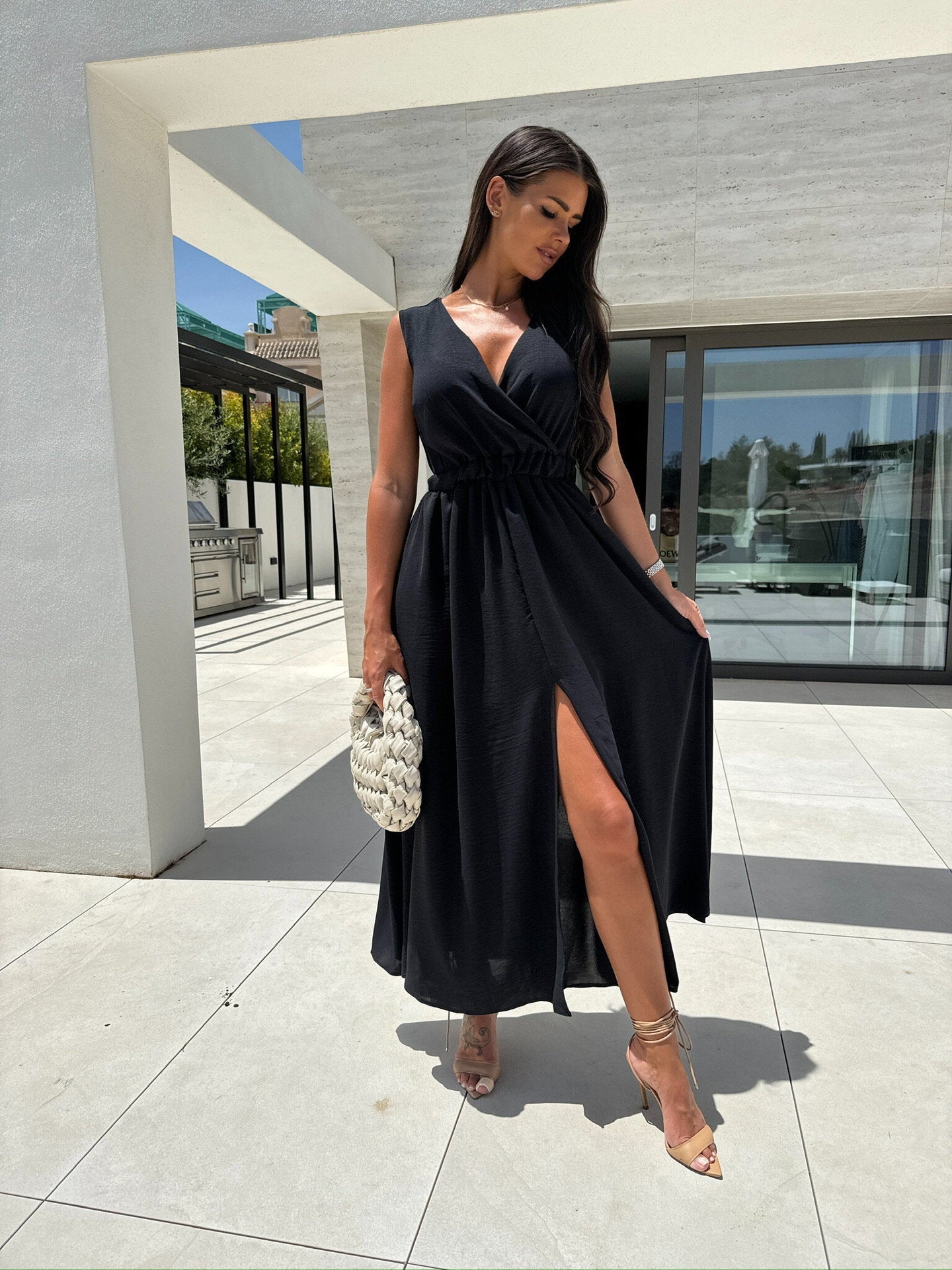 IvyShape | Sleeveless Solid Color Elastic Waist Sexy Slit Maxi Dress