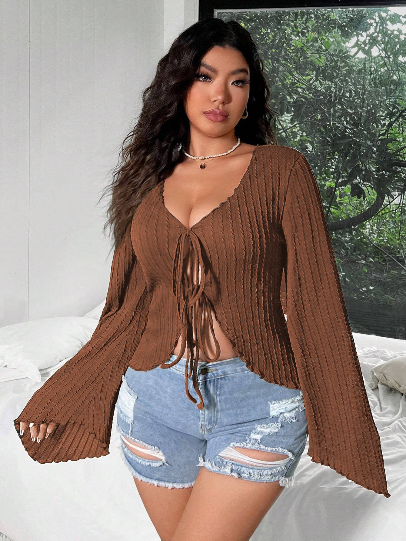 Women casual blouse shirt with deep V-neck and bell sleeves Ivyshape