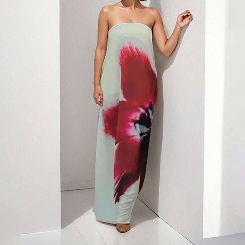 IvyShape | Elegant Strapless Printed Maxi Dress with Flared Skirt