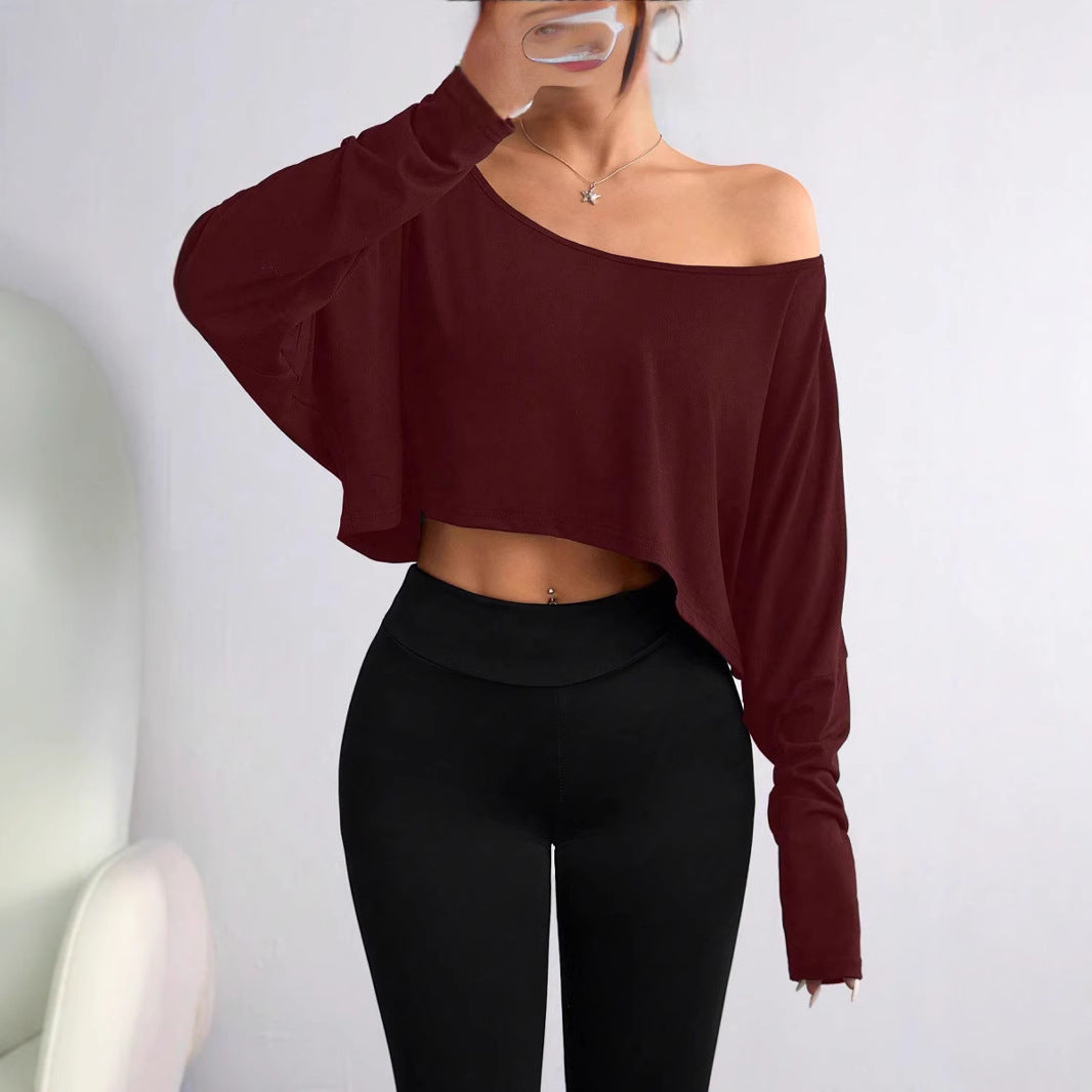 Women's casual oversized long-sleeve shirt with asymmetrical hem and boat neckline Ivyshape