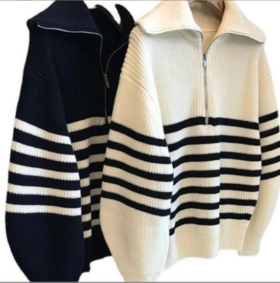 IvyShape | Color-Blocked Striped Half-Open Zipper Sweater