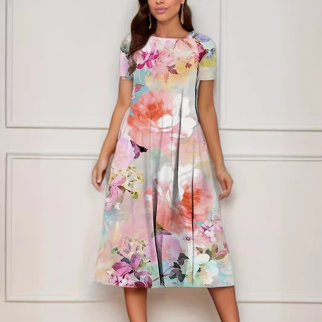 IvyShape | Floral Print Spring Summer Short Sleeve Dress