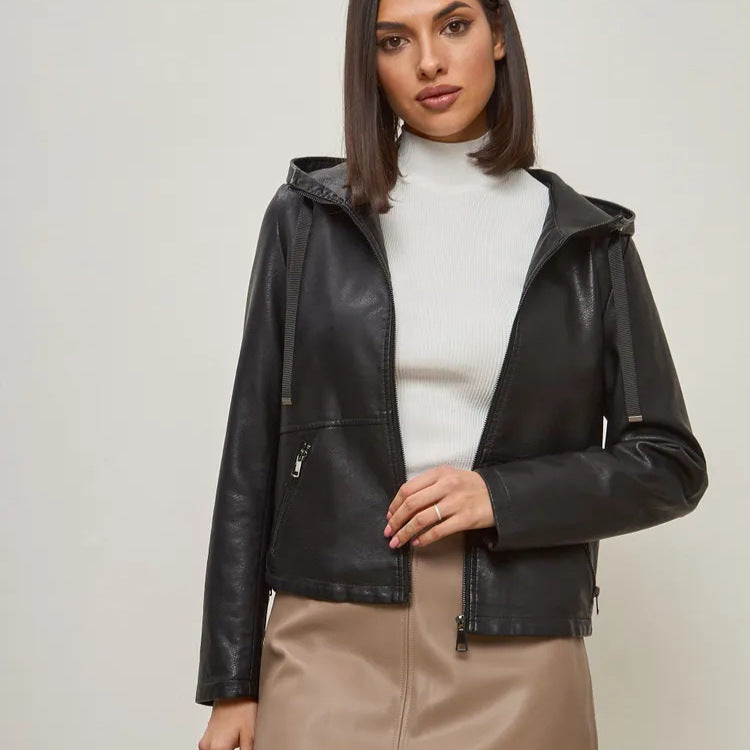 Women's fashionable faux leather jacket with hood and zip pockets Ivyshape