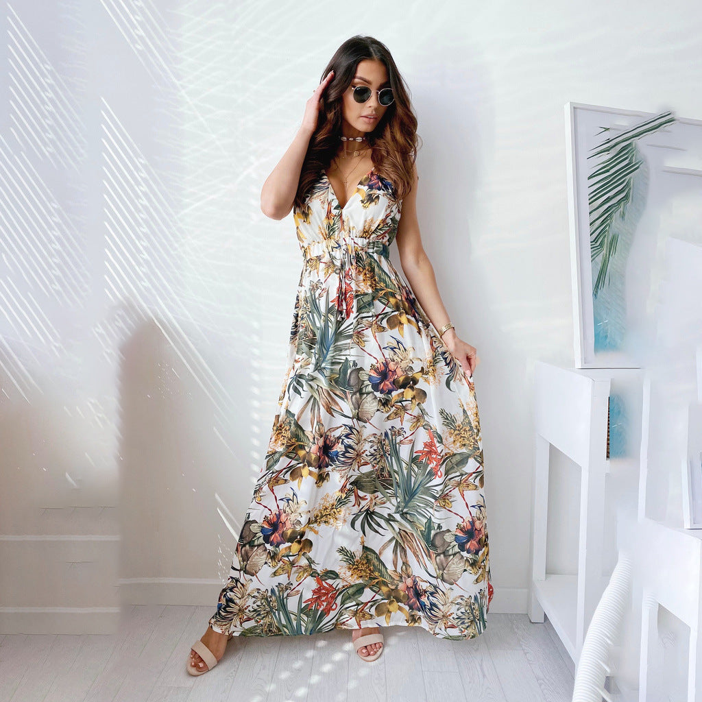 IvyShape | Printed Tie-Back Backless Long Dress