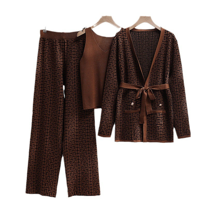 IvyShape | Jacquard Long Sleeve Coat and Pants Knit Set