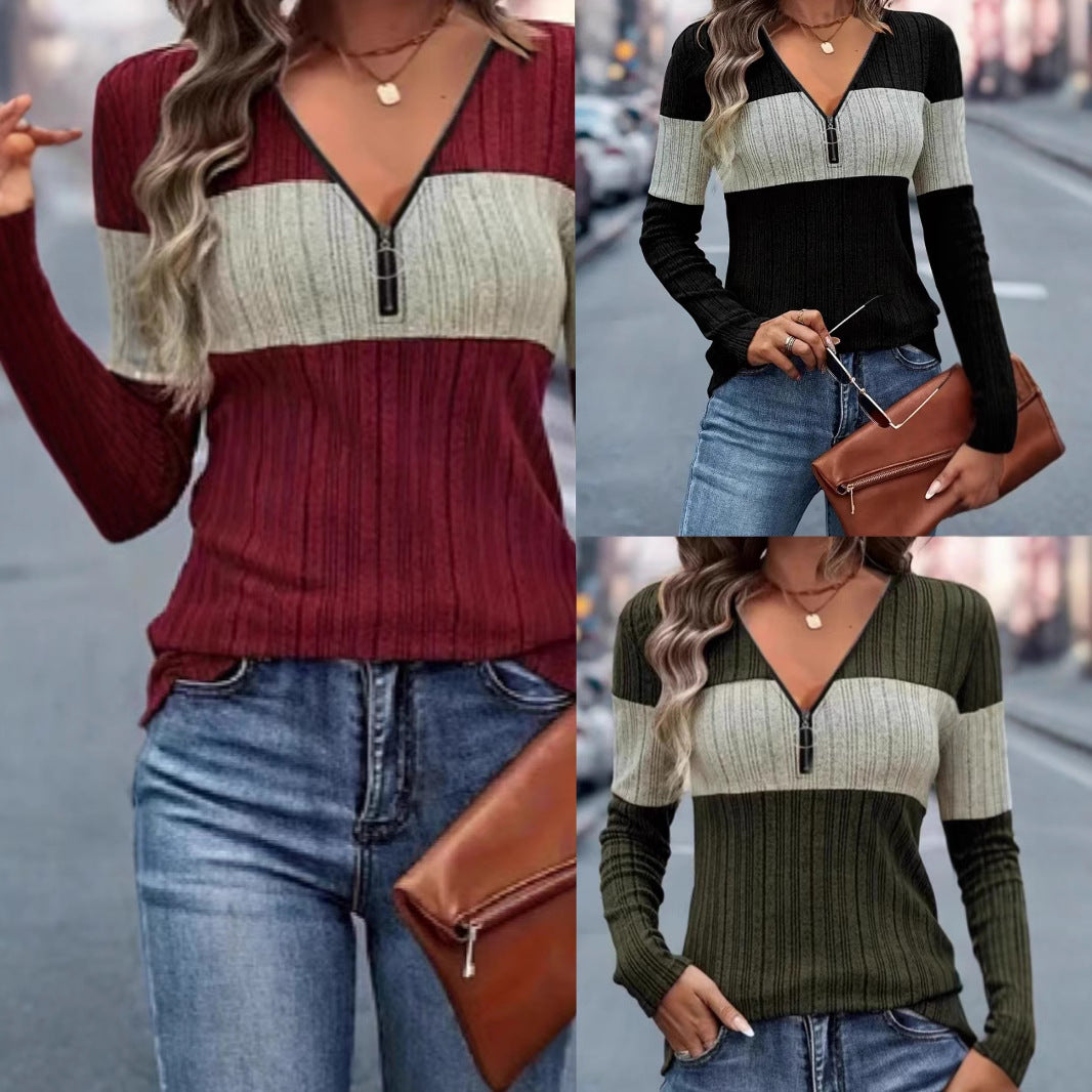 Women Elegant Top with Zipper and Ribbed Structure Ivyshape