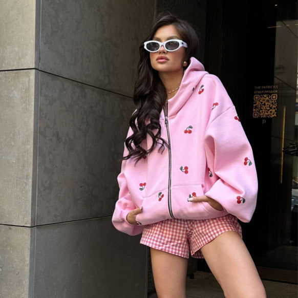 Women's hoodie with fresh cherry pattern and oversized fit Ivyshape