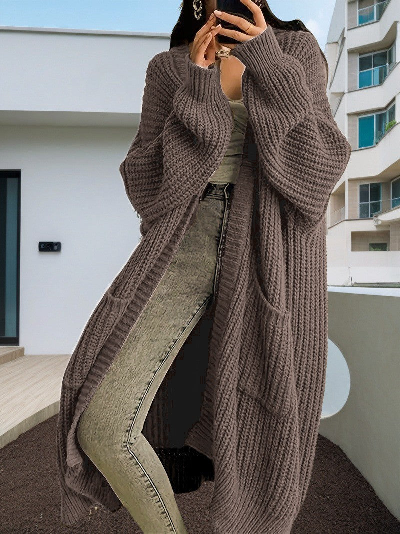 Women's Long Knit Cardigan with Side Pockets and Casual Cut Ivyshape