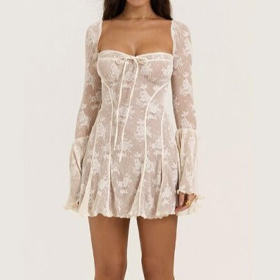 Ivyshape | Sleeve Lace Dress with Self-Tie Detail