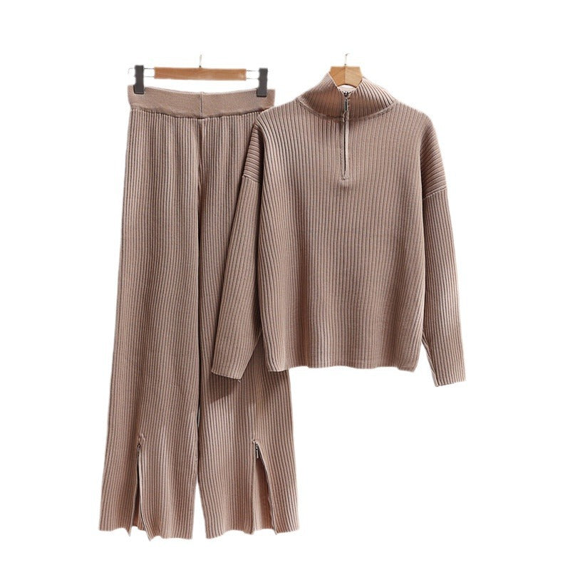 IvyShape | Stand Collar Loose Knit Sweater and Split Pantsuit Set