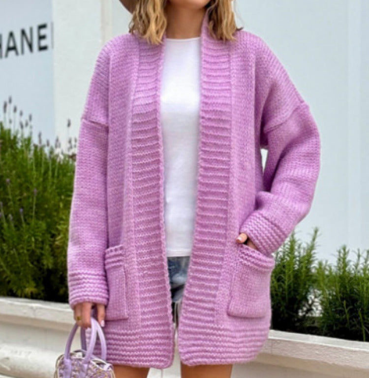 Women’s chunky knit cardigan with generous pockets and casual fit Ivyshape