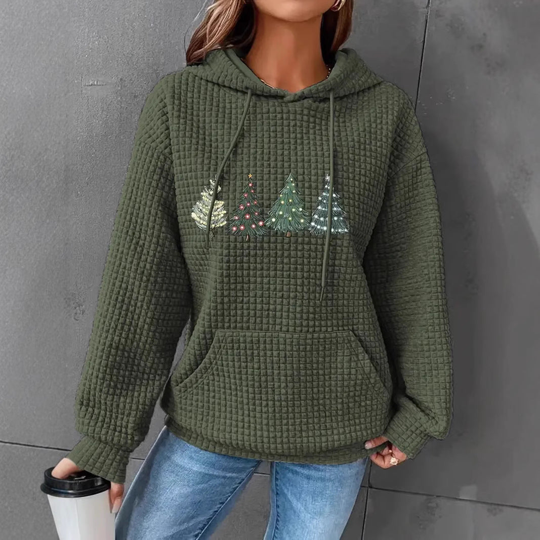 Women's waffle pullover with oversized hood and festive tree design Ivyshape