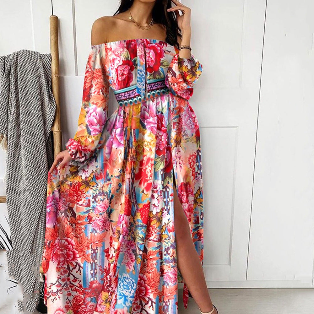 IvyShape | Printed V-Neck Long Sleeve Swing Split Dress