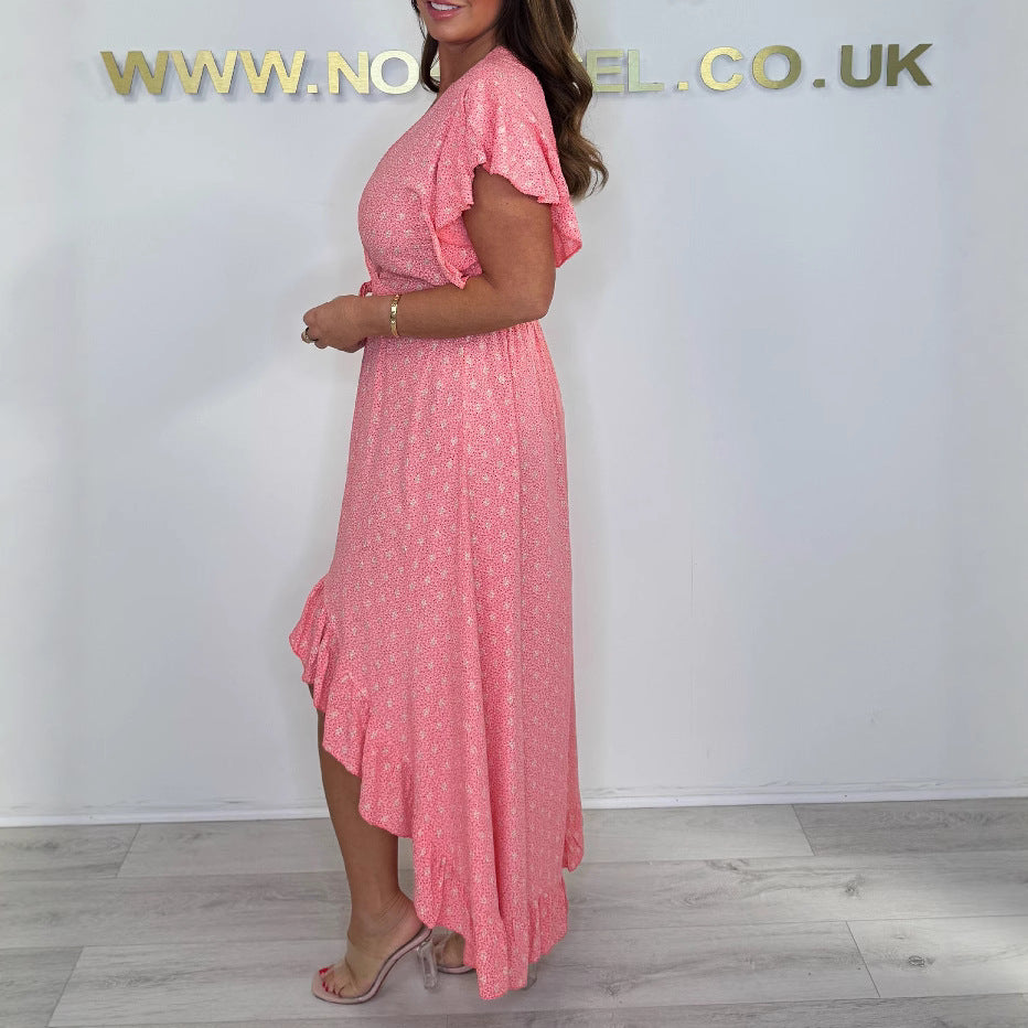 Women High-Low Ruffle Shirt Wrap Dress Ivyshape