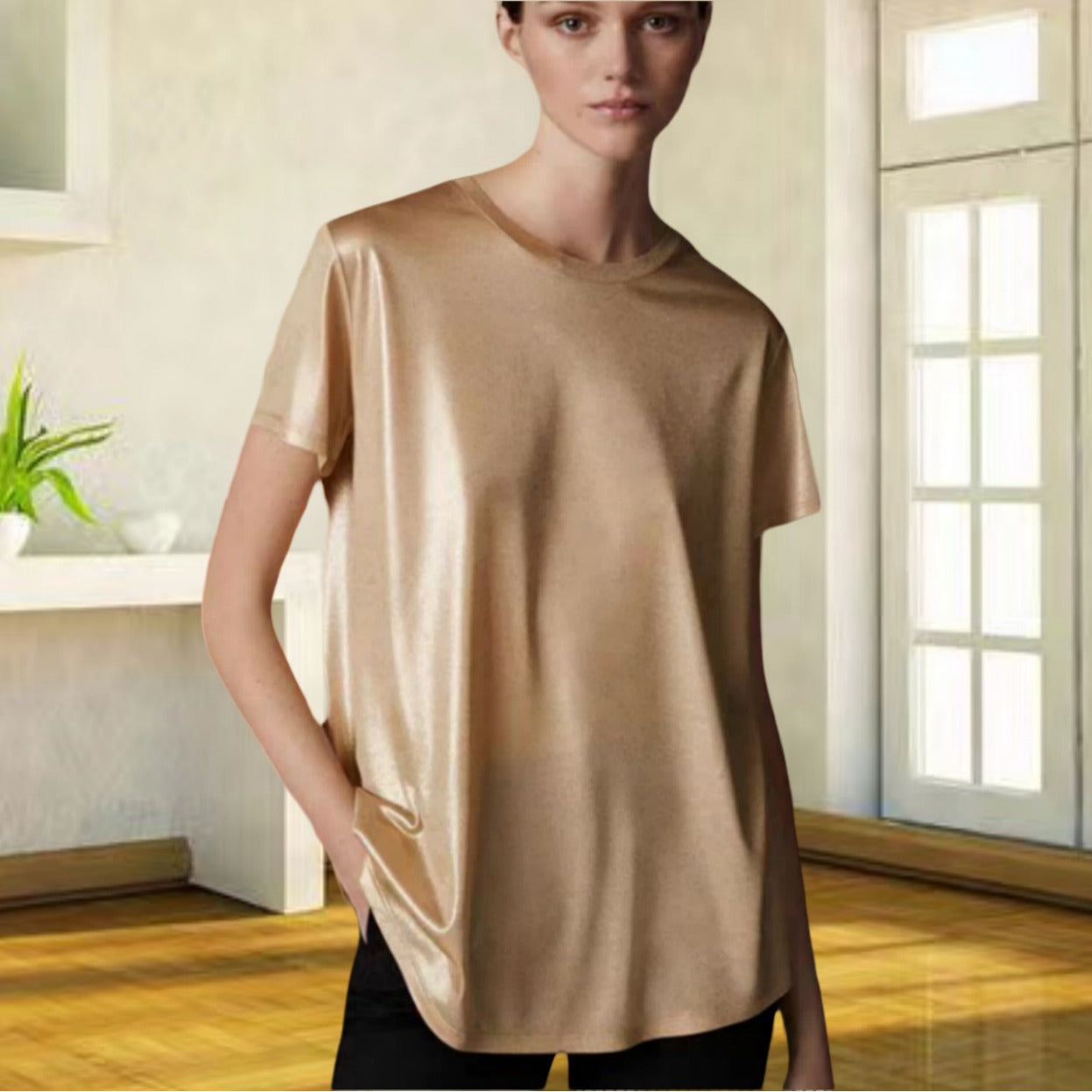 Women Elegant Shiny T-Shirt with Round Neckline and Loose Fit Ivyshape