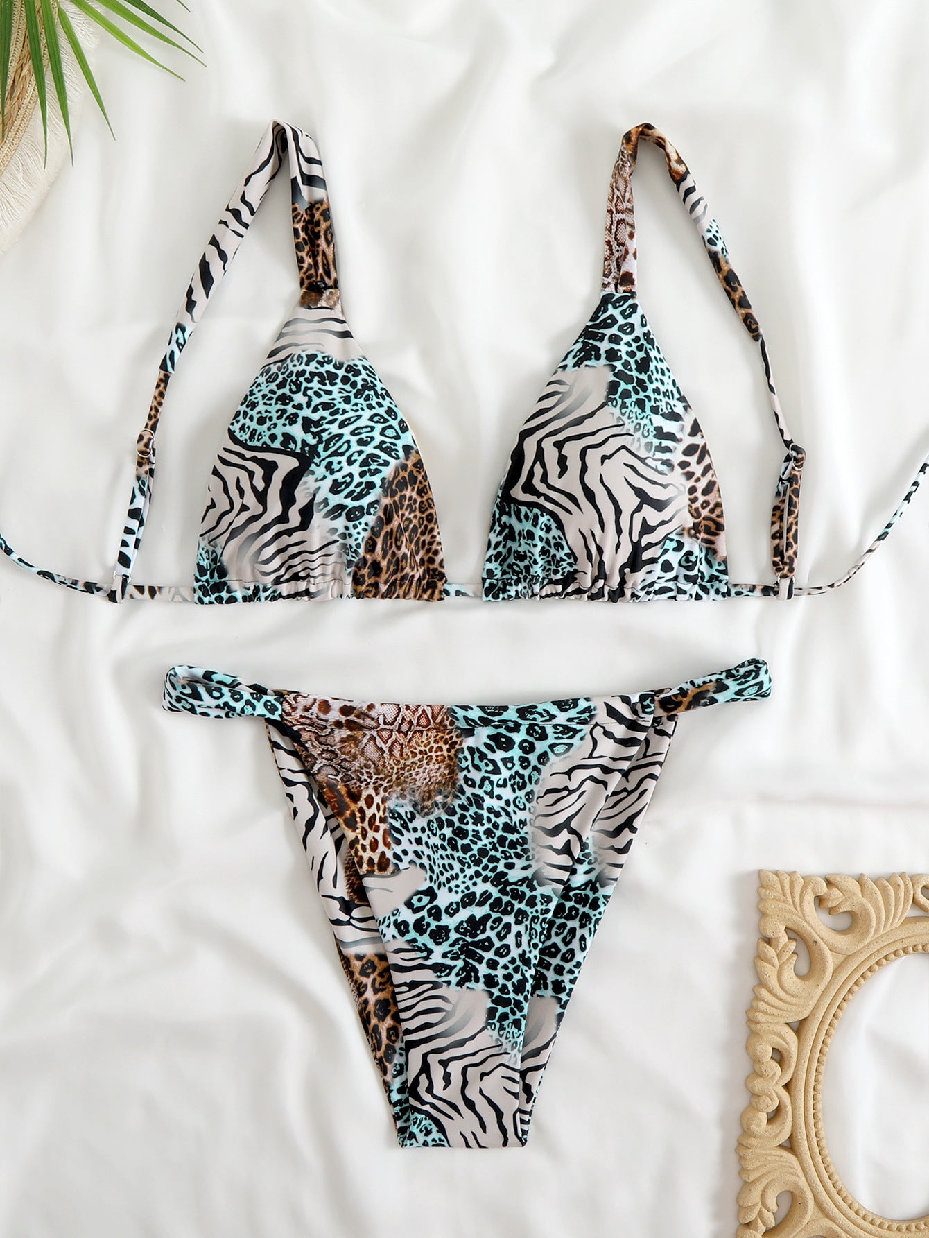 Women's triangle bikini with exotic animal print and adjustable tie straps Ivyshape