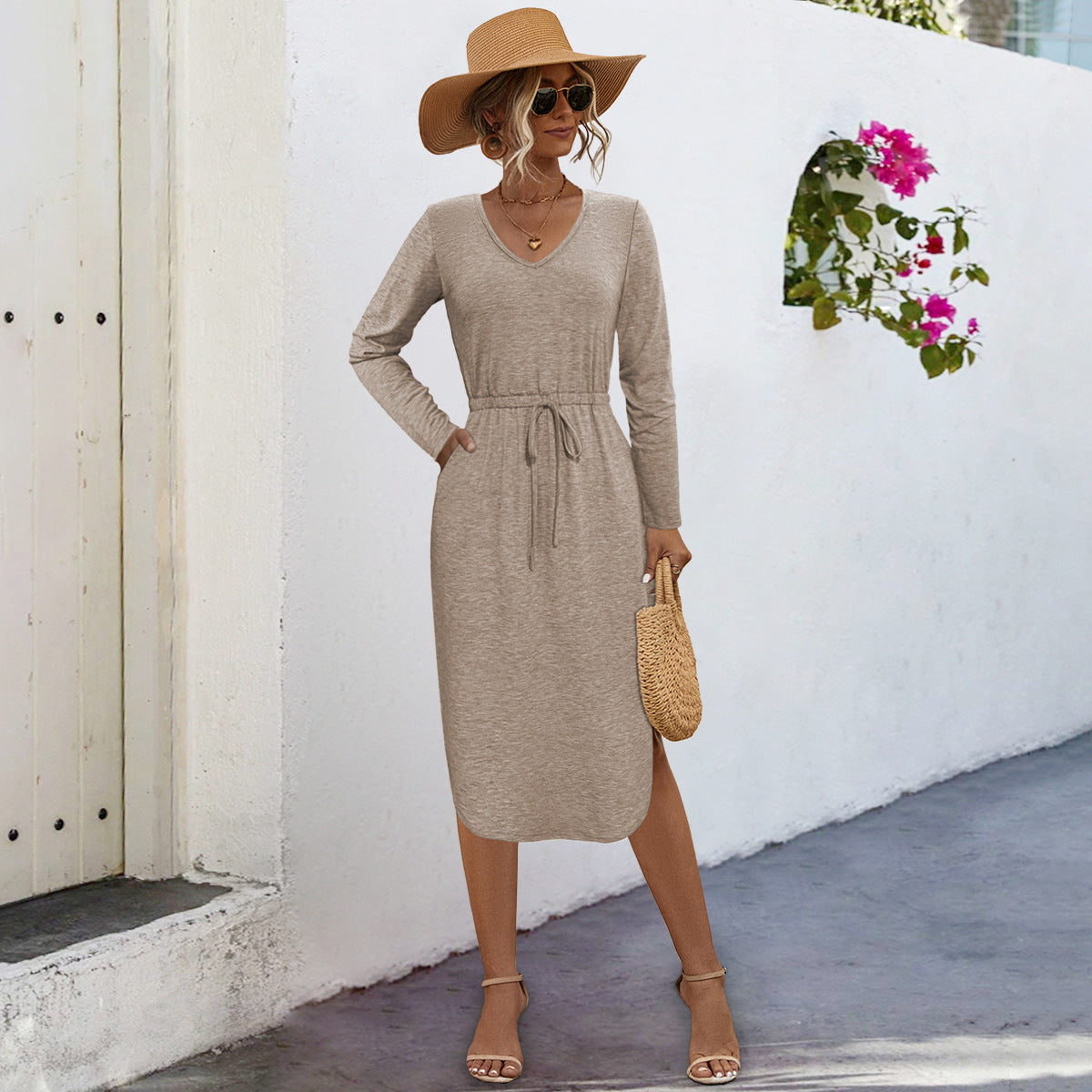 Women casual midi dress with V-neck and adjustable waist drawstring Ivyshape
