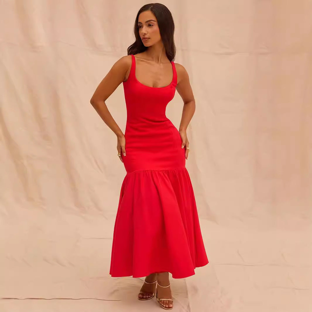Women Figure-hugging Dress with Flowing Skirt and Off-shoulder Straps Ivyshape