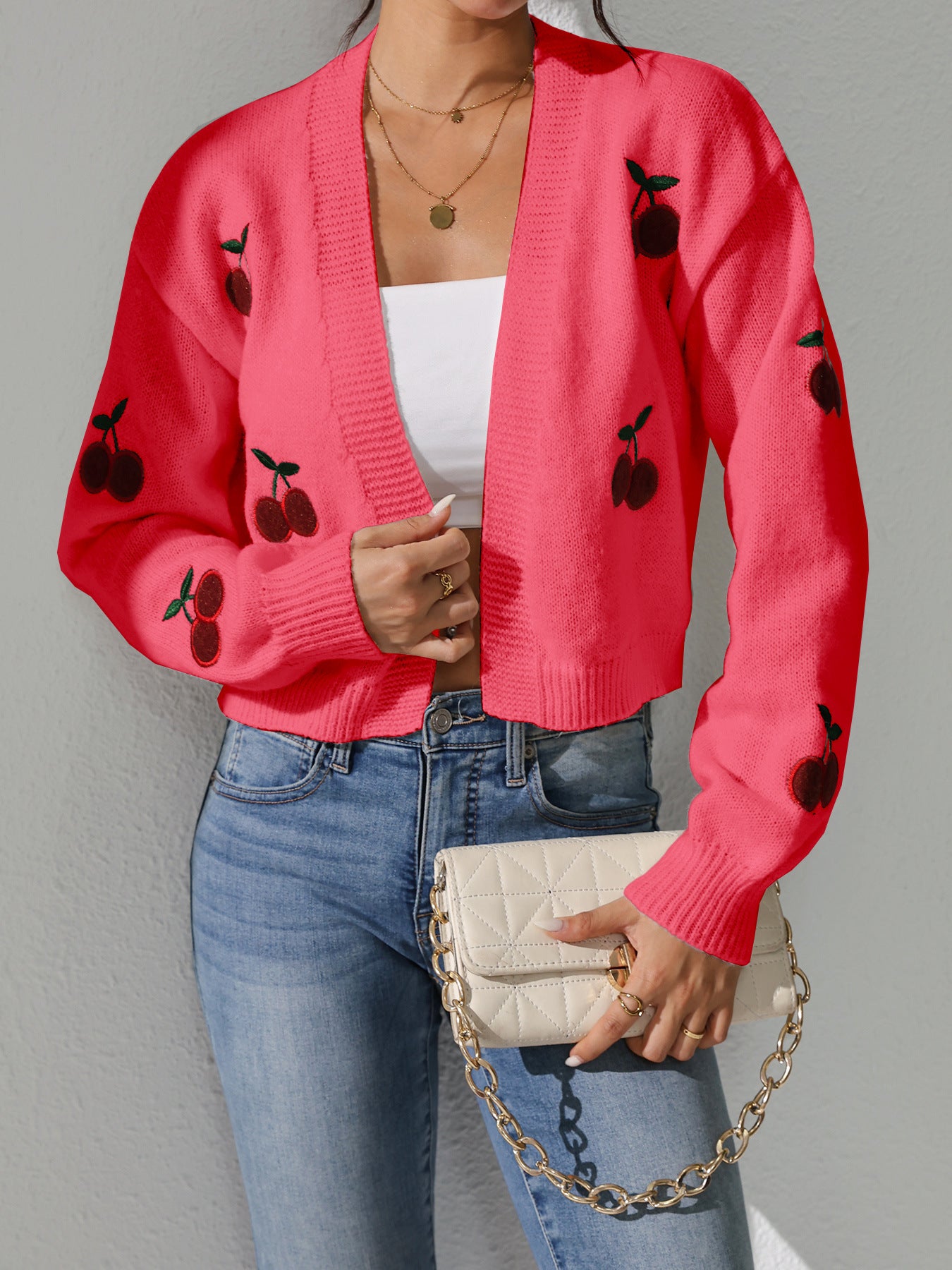 Ladies airy knitted cardigan with sweet cherry embroidery Ivyshape