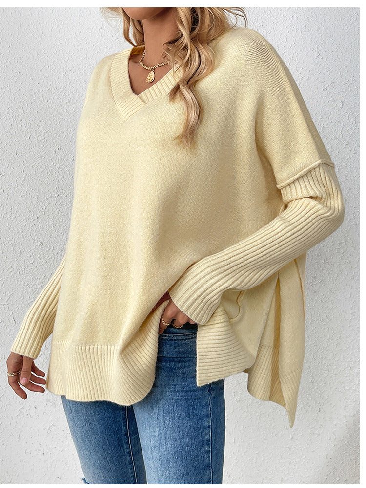 IvyShape | V-Neck Split Long Sleeve Knit Sweater