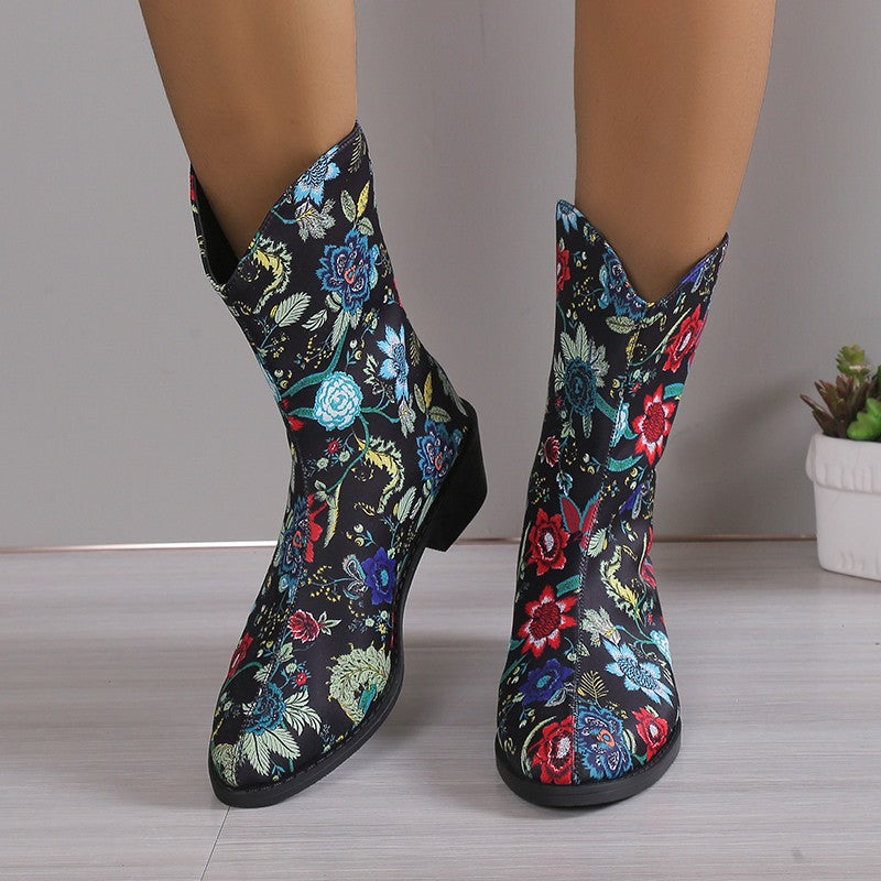 Ladies' fashionable mid-cut boots with floral patterns and comfortable block heel Ivyshape