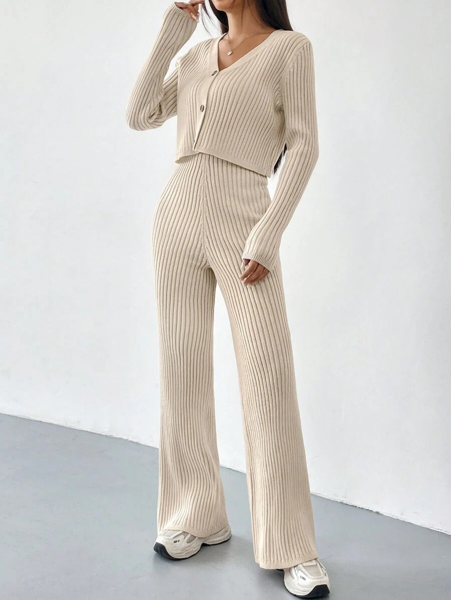 IvyShape | V-Neck Ribbed Knitted Two-Piece Set