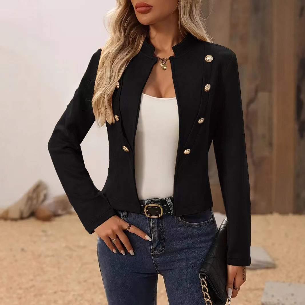 Women elegant tailored blazer jacket with golden buttons Ivyshape