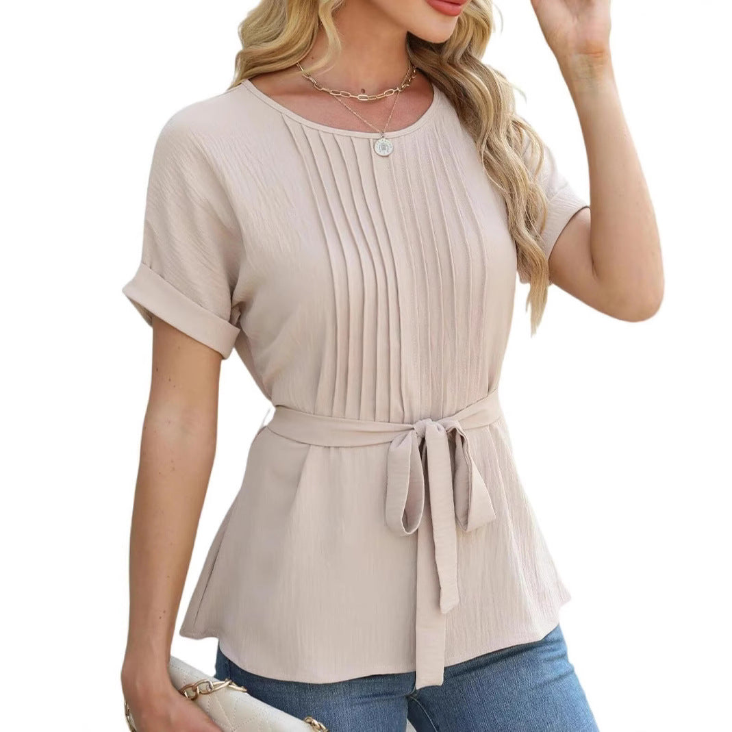 Ladies elegant shirt with pleated details and fitted belt Ivyshape