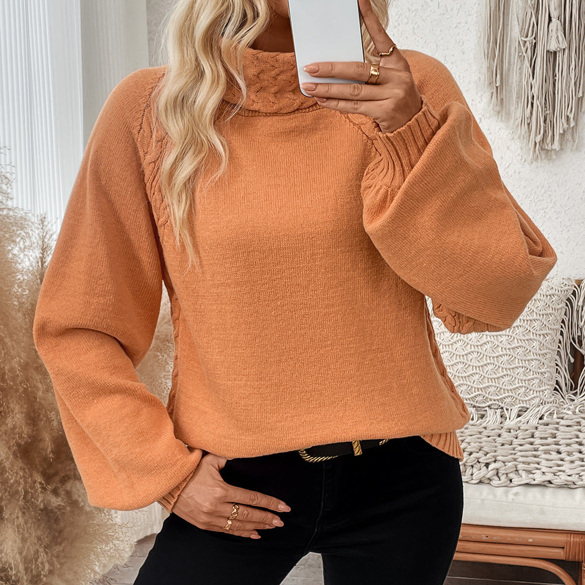 IvyShape | High Neck Cable Knit Lantern Sleeve Sweater