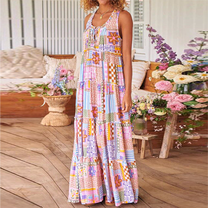 IvyShape | Spring Summer Printed Round Neck Long Dress