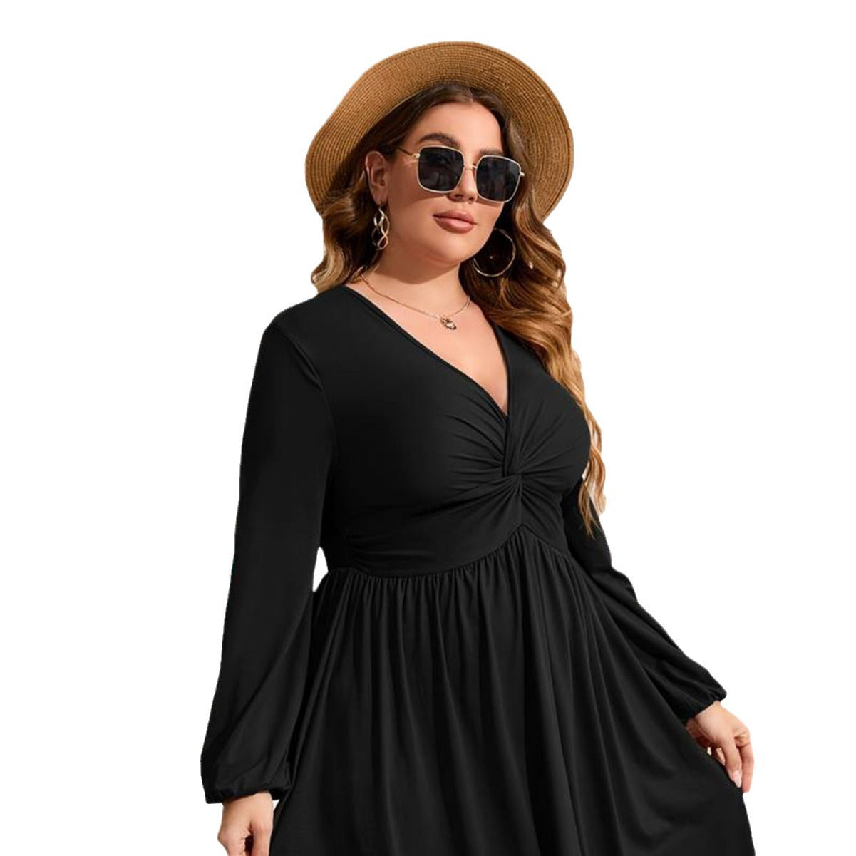 Women elegant viscose dress with voluminous puff sleeves and deep V-neck Ivyshape