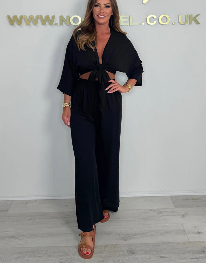 Ladies Elegant Jumpsuit with Playful Knot and Wide Cut Legs Ivyshape