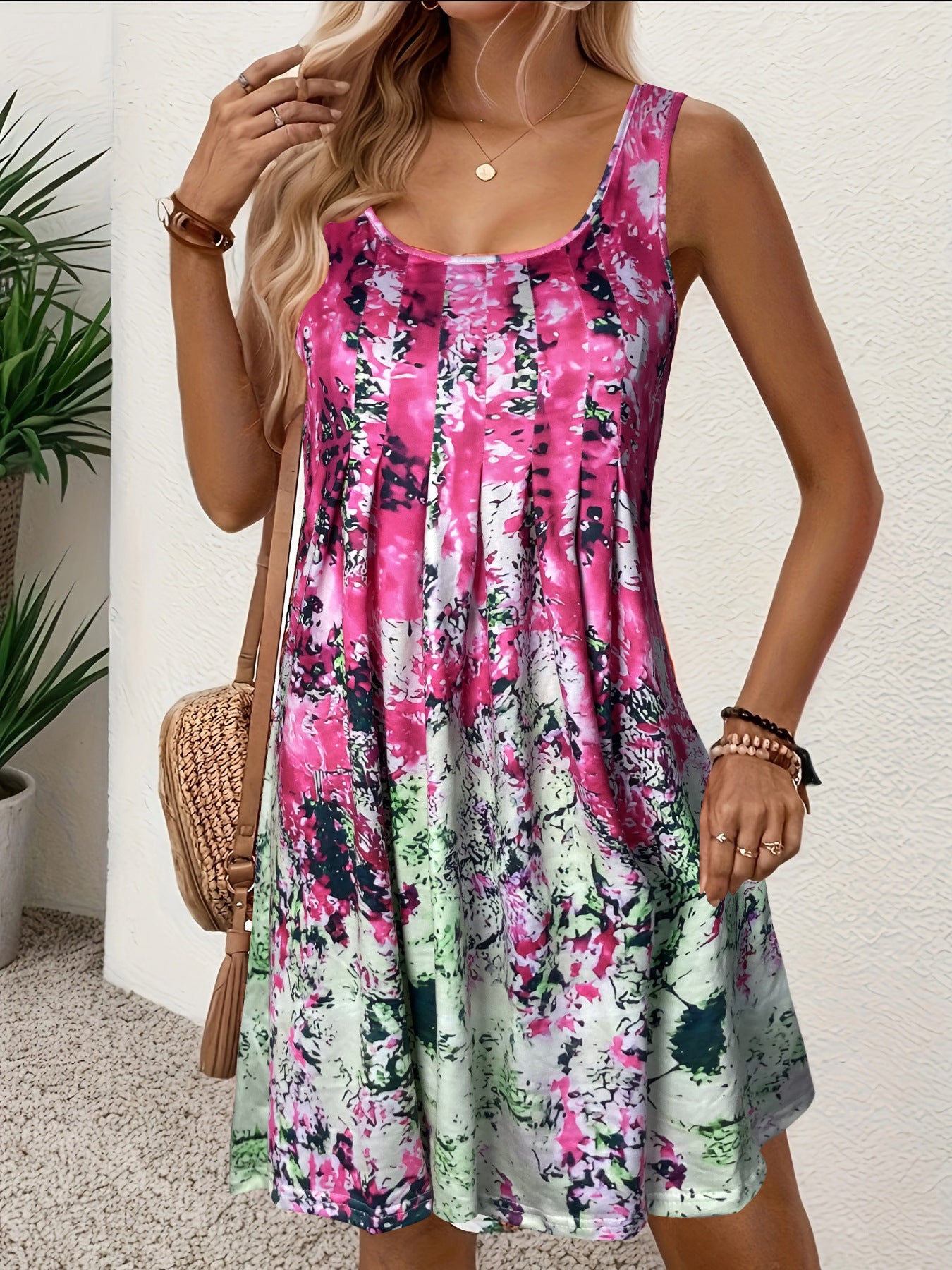 Women Pleated Flower Midi Sun Dress Ivyshape