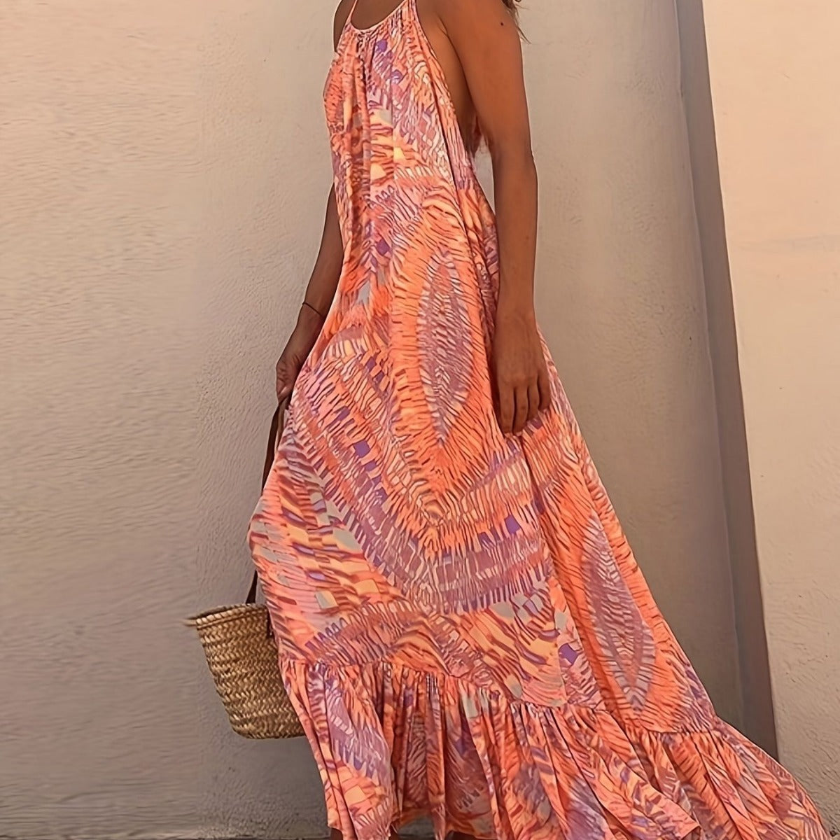 IvyShape | Elegant Printed Halter Big Hem Off-Shoulder Beach Long Dress