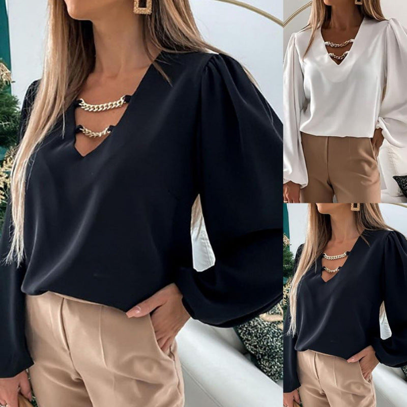 Women elegant V-neck blouse with chain detail Ivyshape