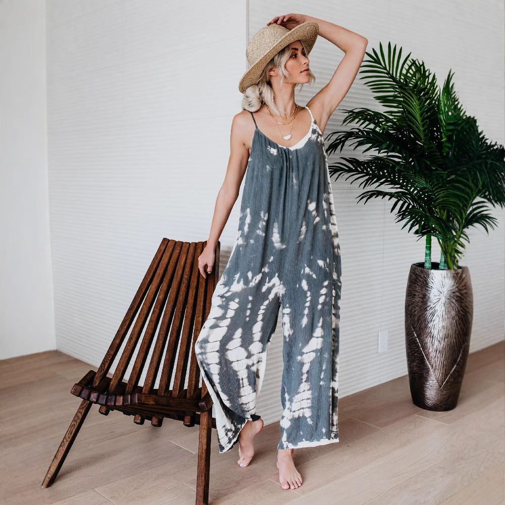 Women’s maxi dress with trendy tie-dye design and voluminous straps Ivyshape