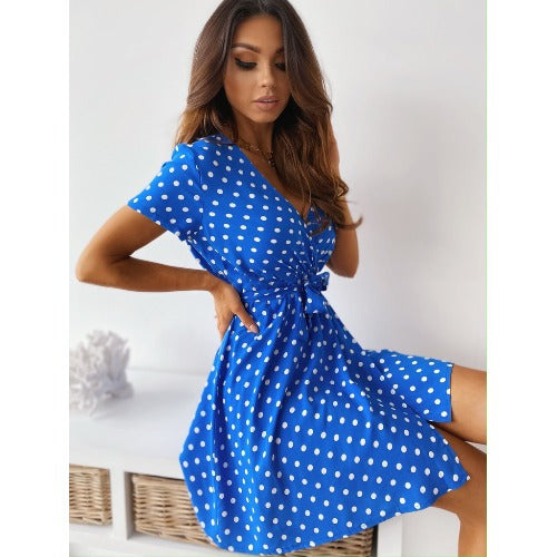 Women Polka Dot A-Line Mini Dress with Tie Belt Ivyshape
