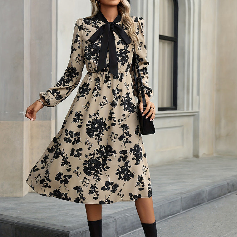 IvyShape | Neck Tie Long Sleeve A-Line Midi Dress