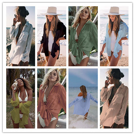 Women's beach blouse made of lightweight cotton blend with fine button details Ivyshape